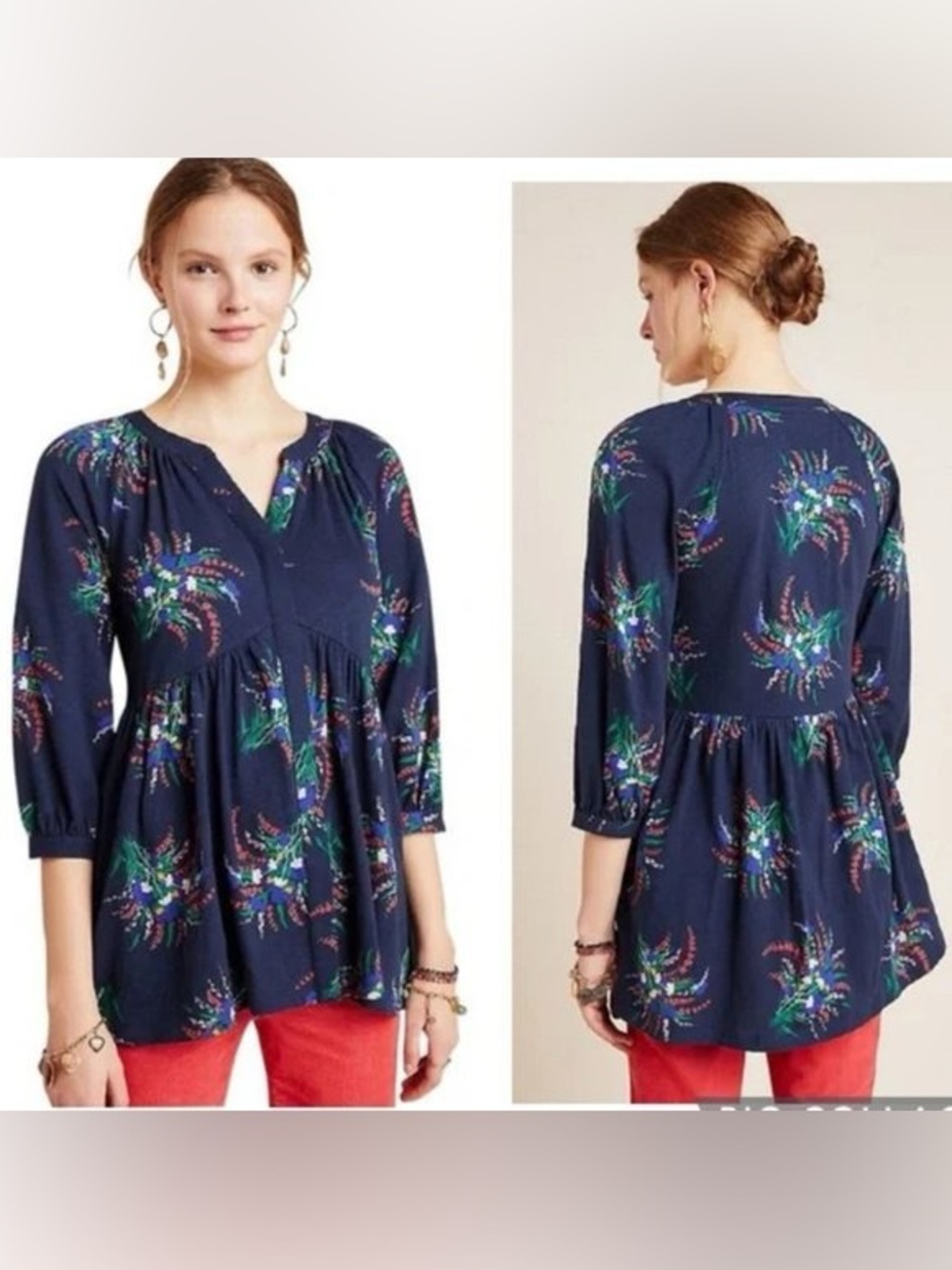 Maeve by Anthropologie "Winona" Navy Blue Floral Cotton Babydoll Tunic Top Boho